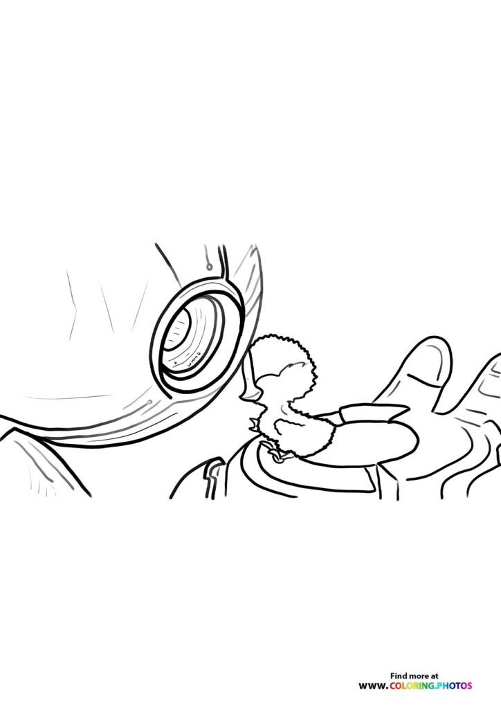 Roz holding a large mechanical robot eye in her hands, coloring page from The Wild Robot