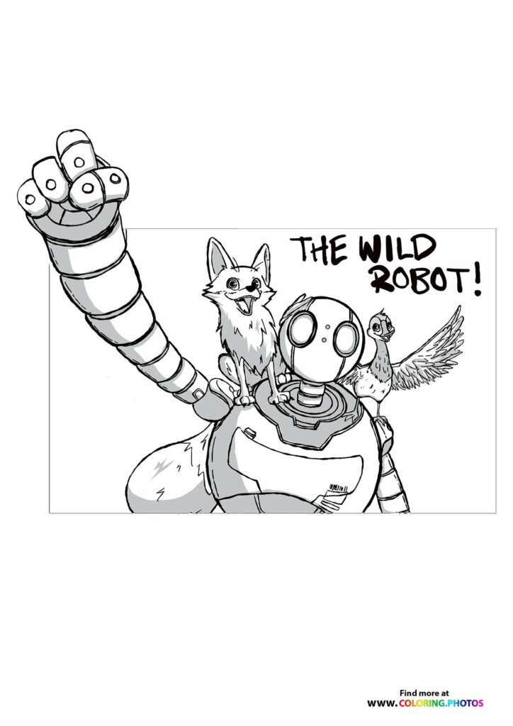 Roz the robot with a fox and other animals celebrating coloring page from The Wild Robot
