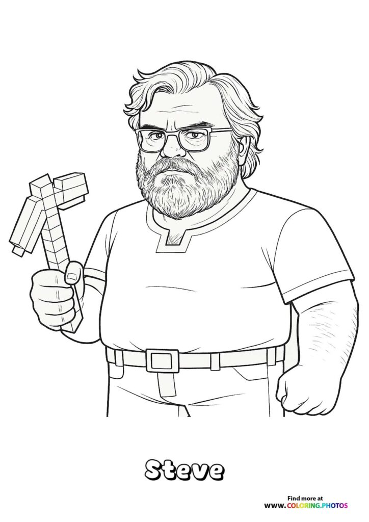 Steve from the Minecraft Movie holding a pixelated pickaxe, wearing glasses and a beard coloring page