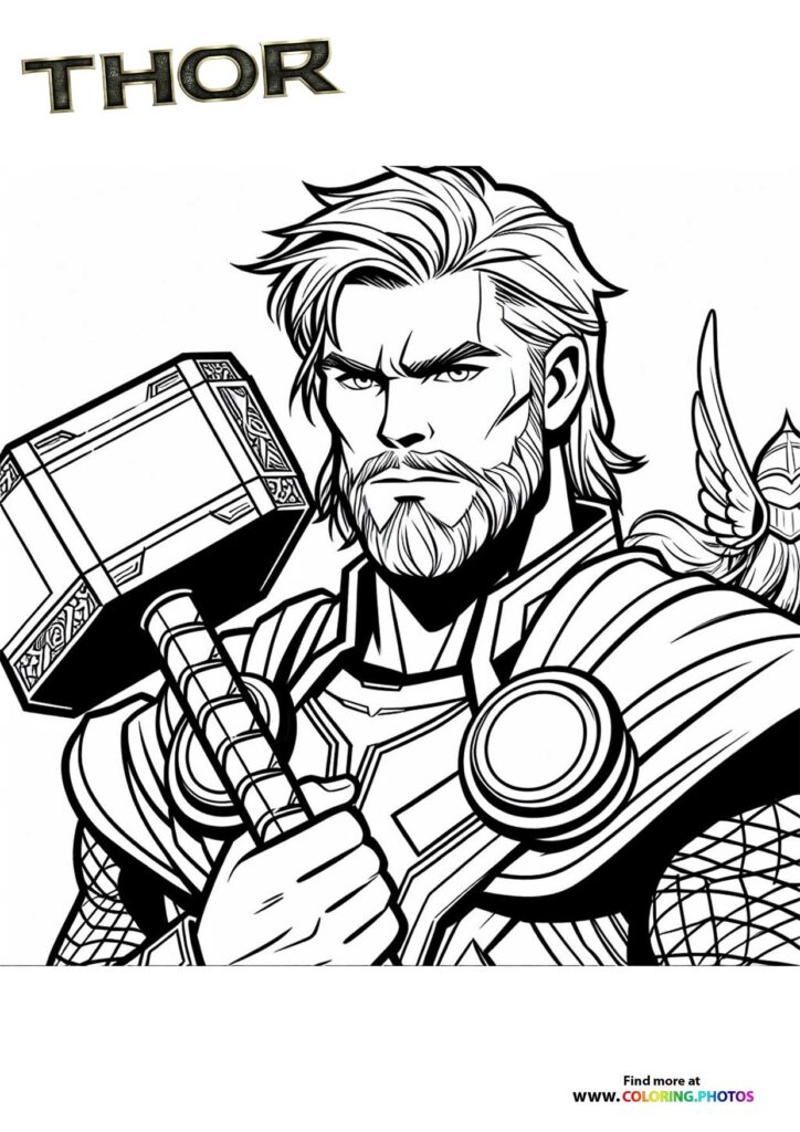 Thor holding Mjolnir hammer with flowing hair and beard, wearing Asgardian armor coloring page