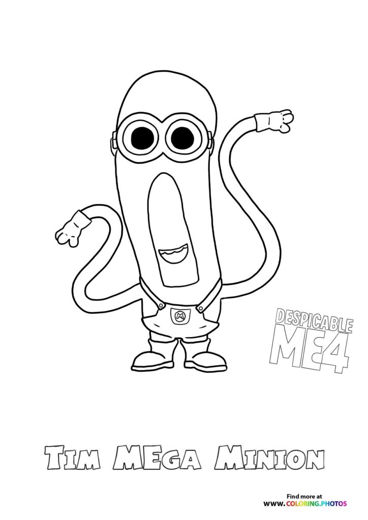Tim the Mega Minion with giant goggles and tentacle arms raising in the air coloring page from Despicable Me 4