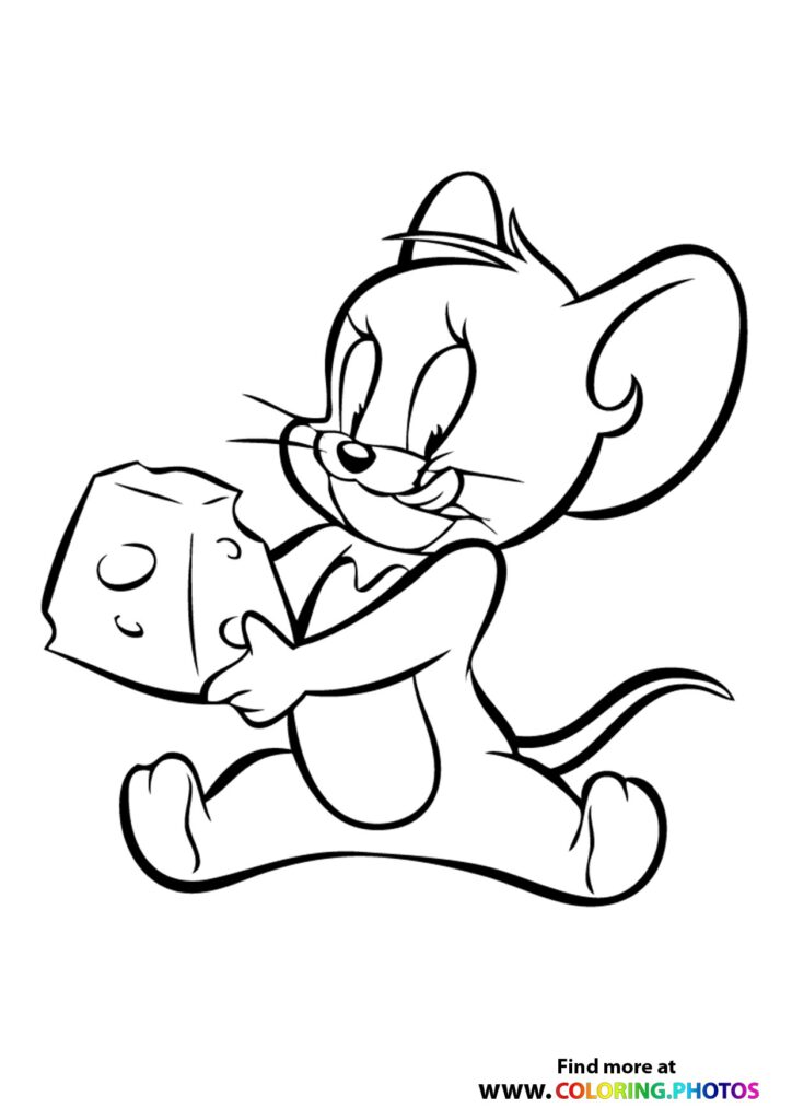 Jerry the mouse wearing a fedora hat and holding a large block of cheese coloring page from Tom and Jerry