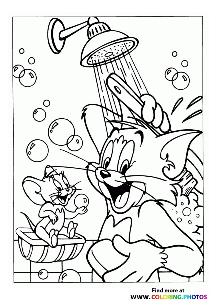 Tom spraying Jerry with shower water while Jerry sits in a basket during bath time coloring page from Tom and Jerry