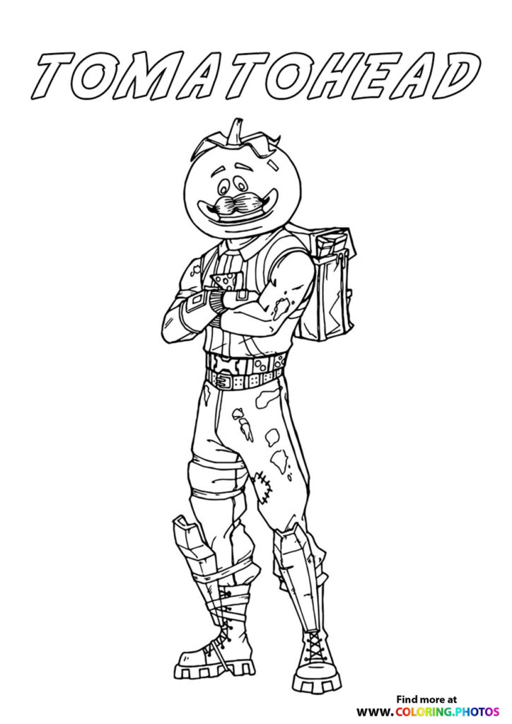 Tomatohead from Fortnite wearing tactical armor and holding a weapon coloring page
