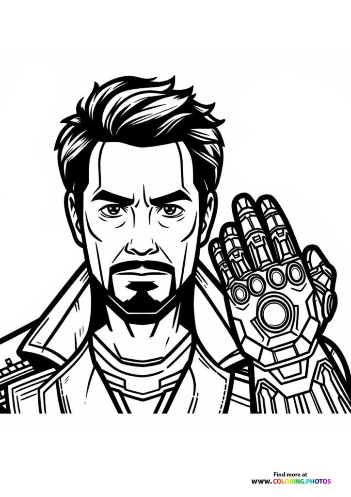 Tony Stark displaying Iron Man armored gauntlet with mechanical details coloring page from Marvel
