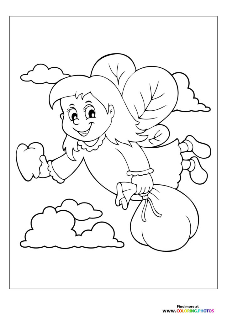 Cheerful fairy with pigtails floating on clouds coloring page