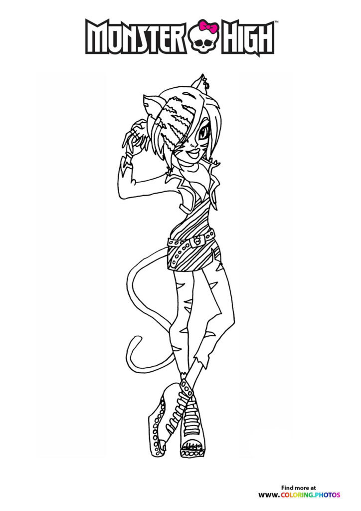 Frankie Stein from Monster High with stitched face and bolts in hair, wearing patterned skirt and platform boots coloring page