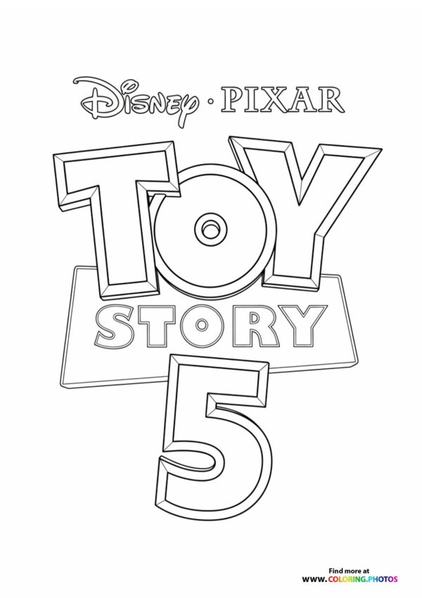 Toy Story 5 logo with Disney Pixar branding and 3D dimensional lettering coloring page