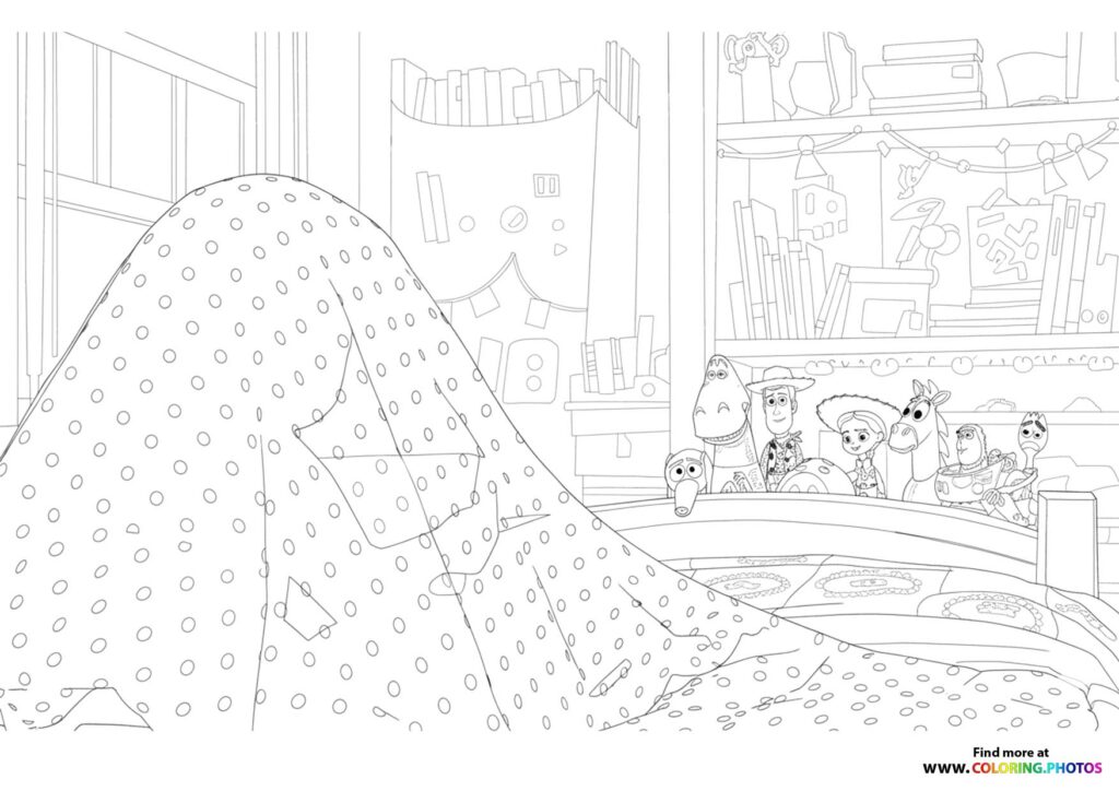 Toy Story characters watching a giant polka-dotted ball roll through a toy-filled playroom coloring page