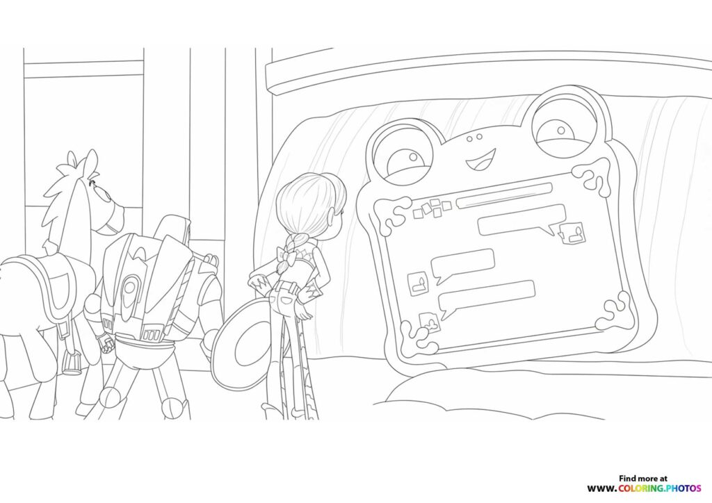 Jessie the cowgirl and a toy horse examining a giant control panel with buttons and screens, Toy Story 5 coloring page