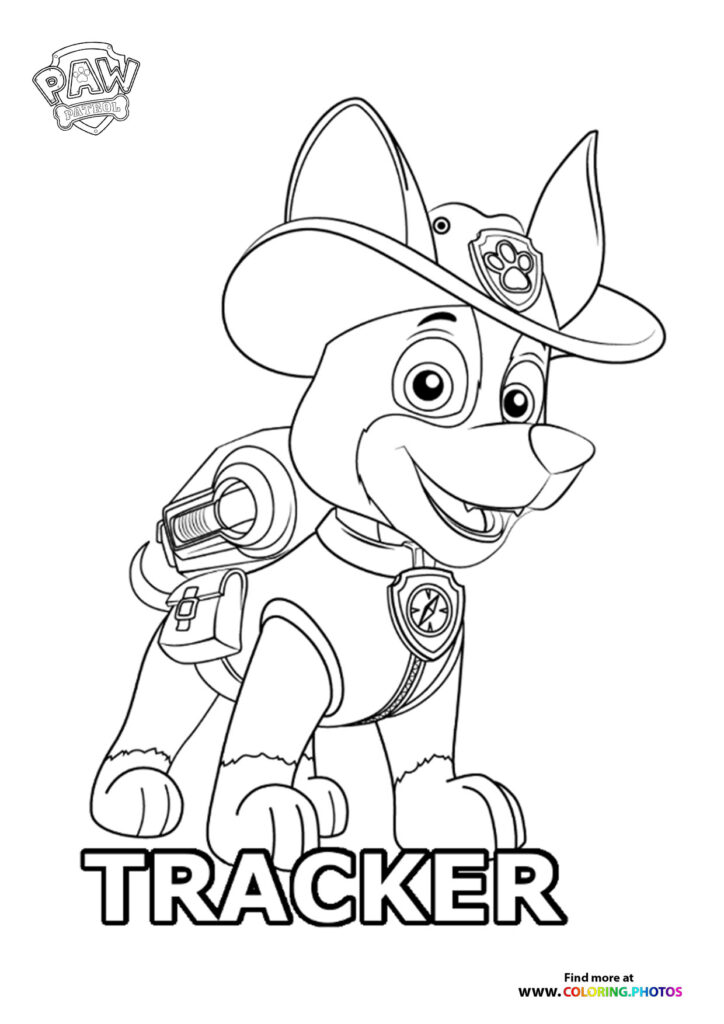 Tracker wearing a cowboy hat and rescue gear with his pup pack coloring page from Paw Patrol
