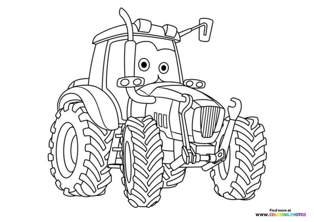Cheerful cartoon tractor with big eyes and smiling face, large treaded wheels, and rake attachment coloring page