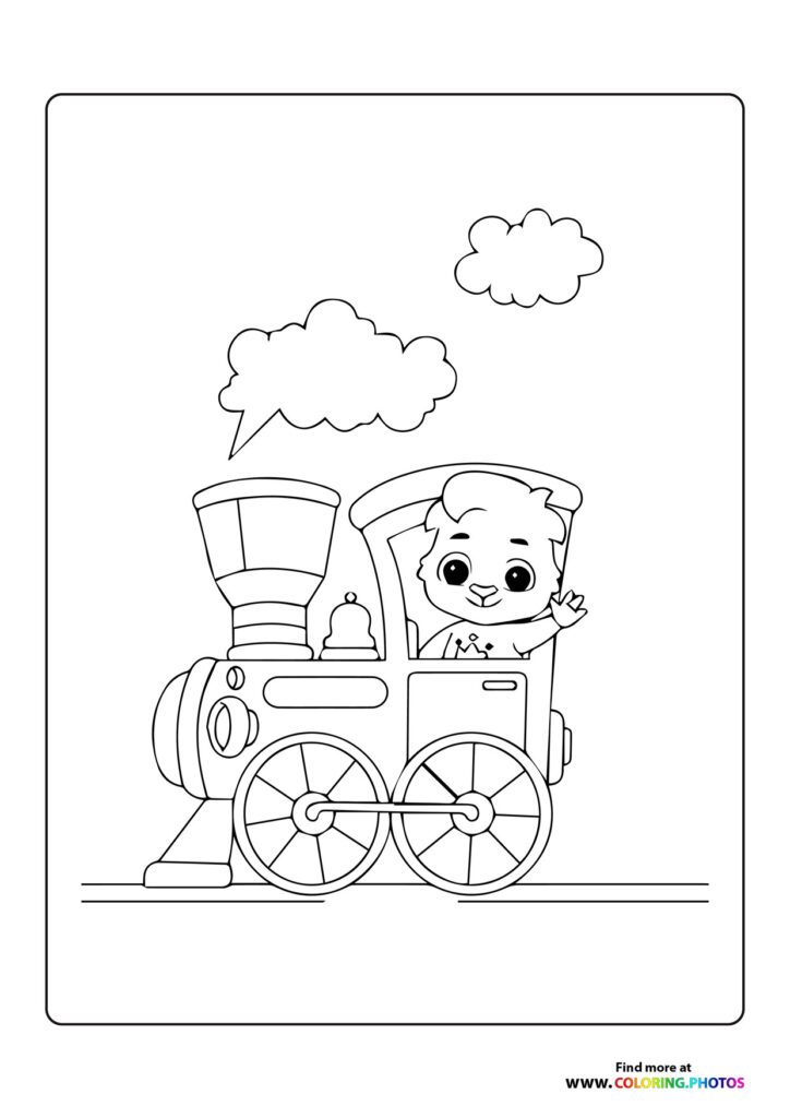 Happy child waving from toy train with smokestack and large wheels coloring page
