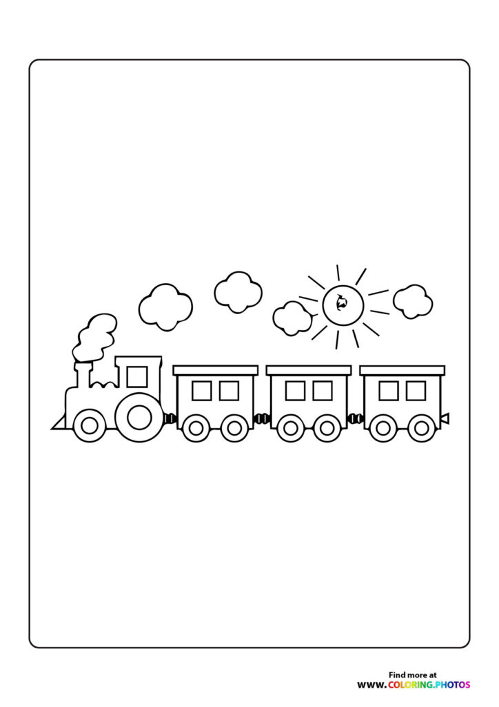 Steam train with smokestack and three passenger cars on tracks under sunny sky coloring page