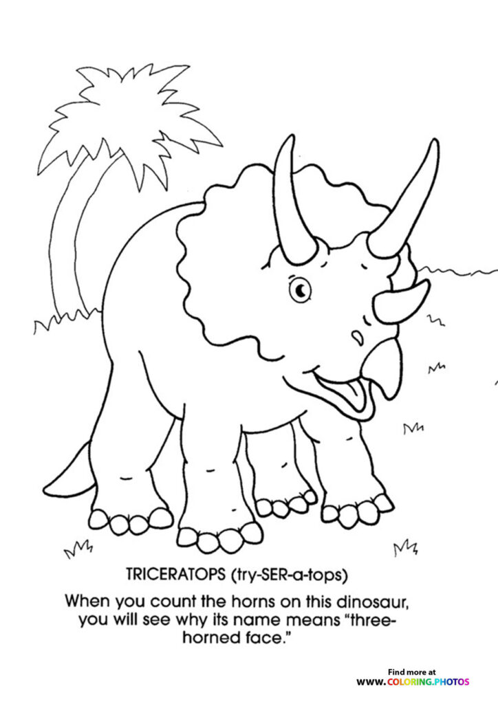 Triceratops with three horns standing near a palm tree, educational dinosaur coloring page