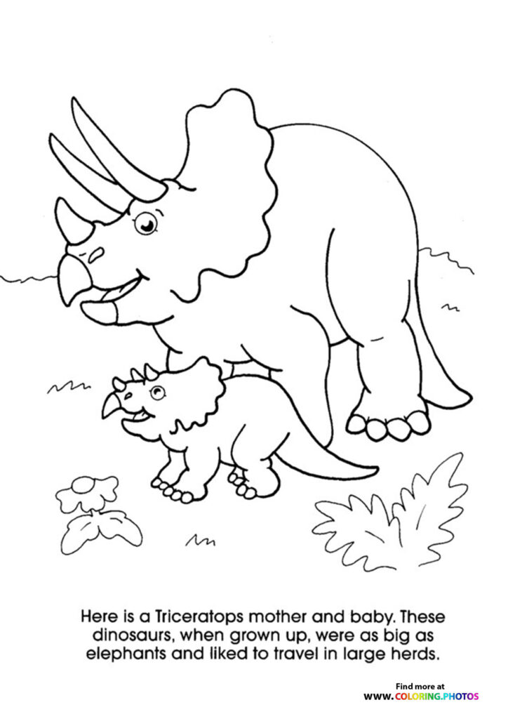Adult Triceratops with baby Triceratops surrounded by prehistoric plants coloring page