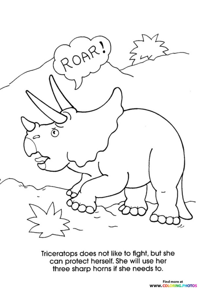 Triceratops roaring with three horns, educational dinosaur coloring page