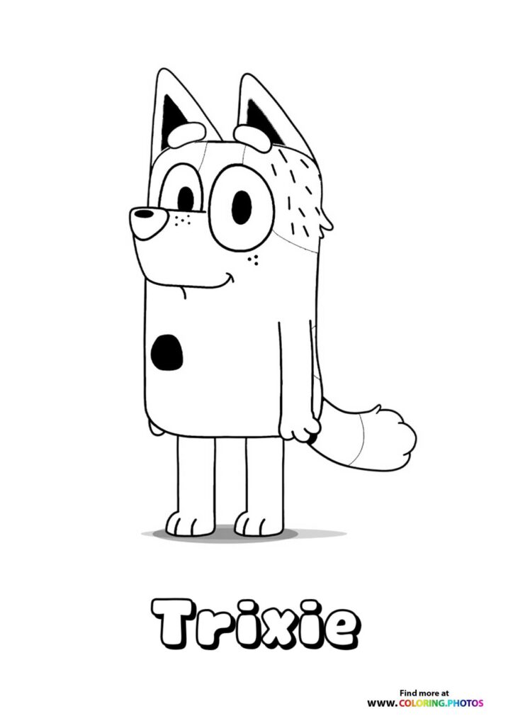 Trixie the orange heeler puppy with bow and spotted chest from Bluey coloring page
