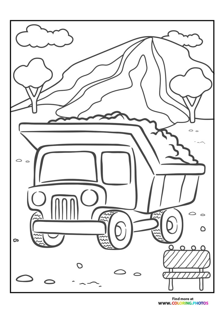Dump truck with raised bed unloading materials at construction site coloring page