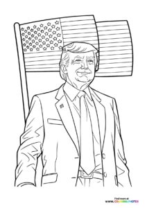 Donald Trump in suit holding American flag coloring page