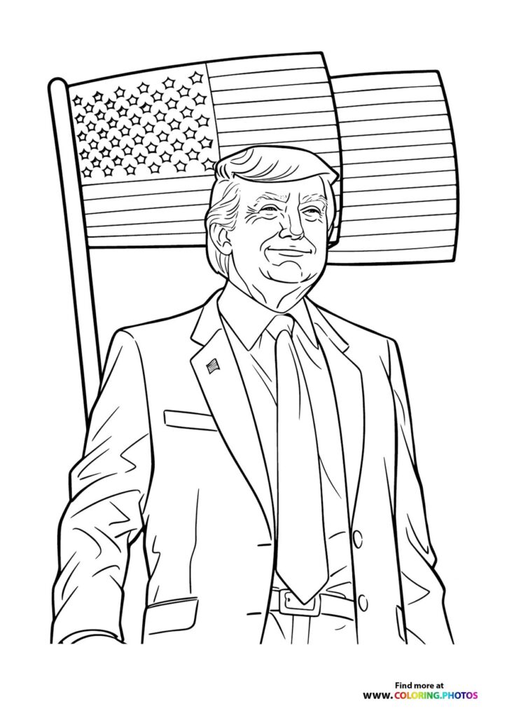 Donald Trump in suit holding American flag coloring page