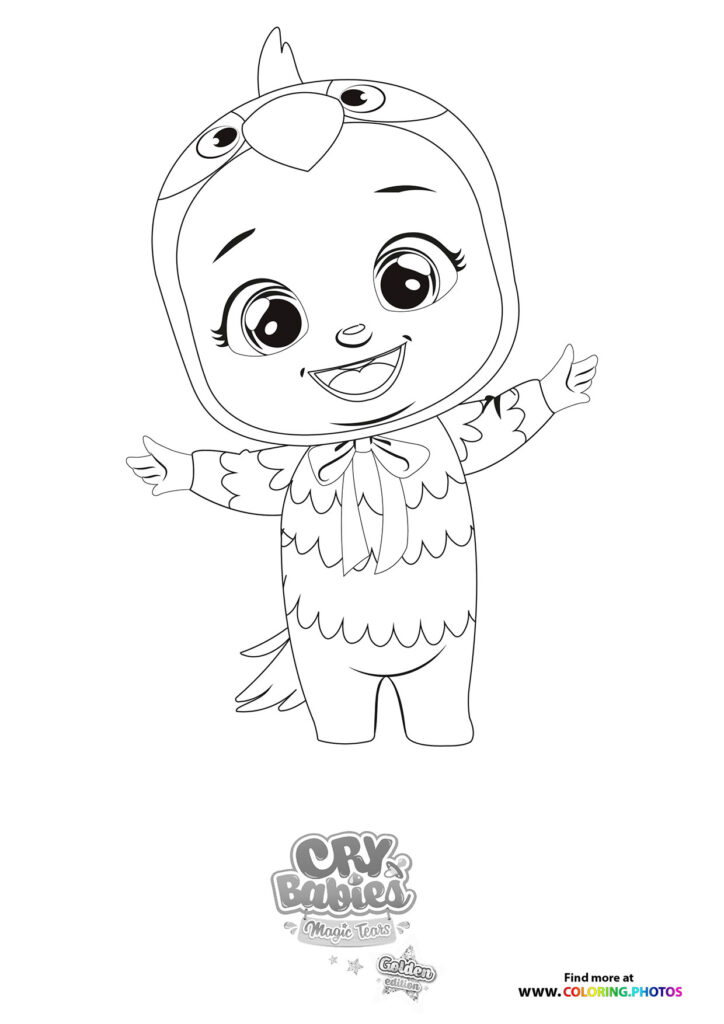 Jill from Cry Babies Gold Edition smiling with arms outstretched and feathered outfit coloring page