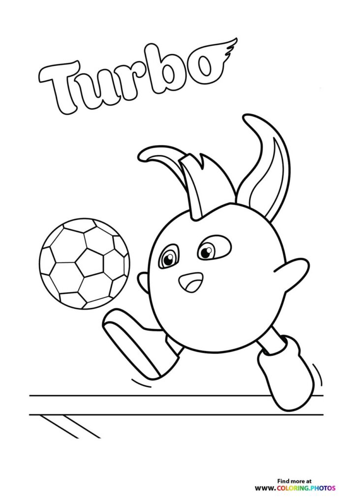 Tumbbo from Sunny Bunnies playing soccer with a ball coloring page