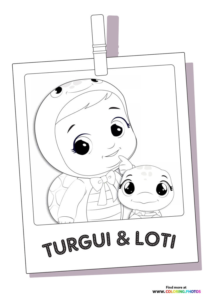 Turgui and Loti from Cry Babies in a Polaroid frame coloring page