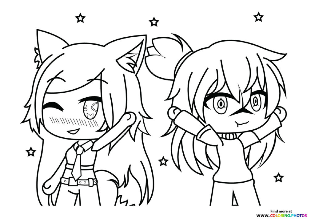 Two anime cat girls with cat ears posing together surrounded by stars, Gacha Life coloring page
