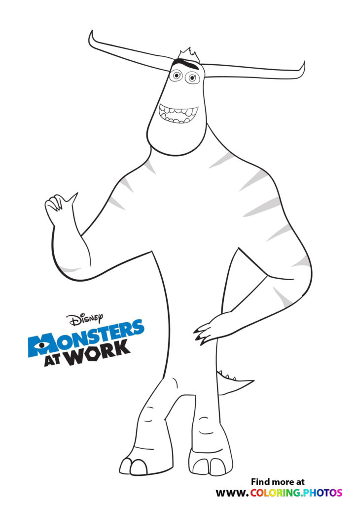 Tylor from Monsters at Work standing with arms spread wide and big smile coloring page