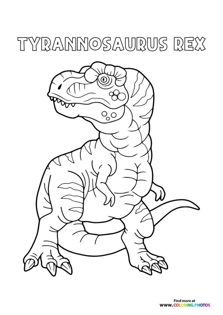 Tyrannosaurus Rex standing upright with open mouth, sharp teeth, and textured skin coloring page