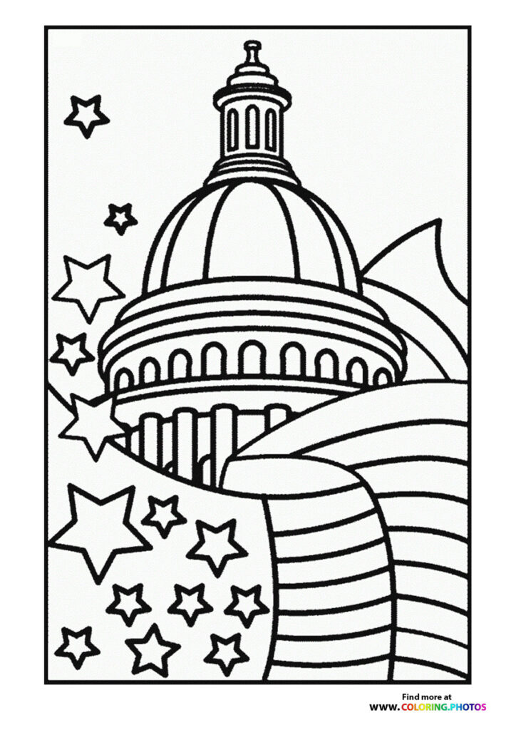 U.S. Capitol Building dome with American flag stripes and stars coloring page for Presidents Day