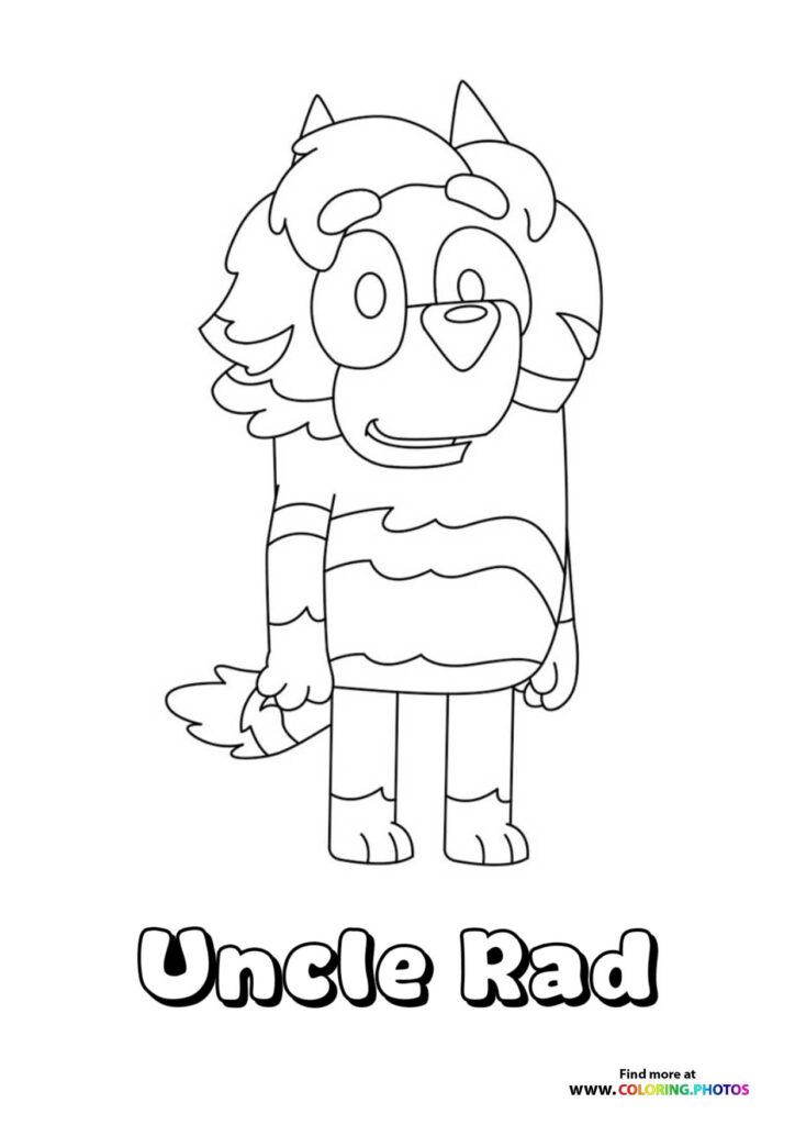 Uncle Rad from Bluey standing with arms at his sides, fluffy hair and wide smile coloring page