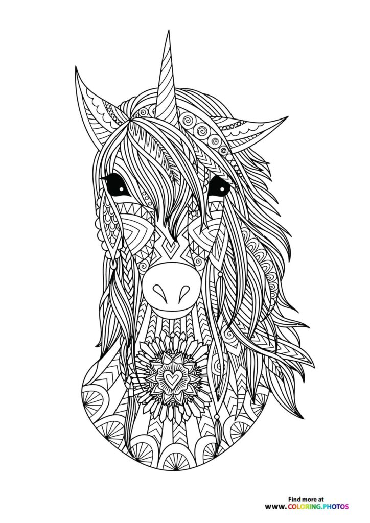 Detailed ornate unicorn head with spiral horn, patterned mane, and decorative chest designs coloring page