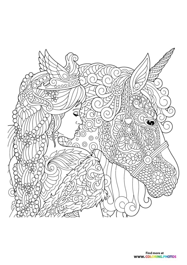 Ornate unicorn head in profile with spiral horn, decorated mane, and intricate patterned details coloring page