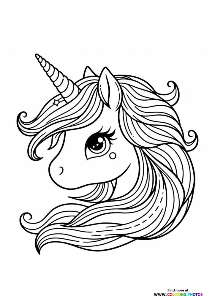 Unicorn head with spiraled horn, flowing mane and tail, and expressive eyes coloring page