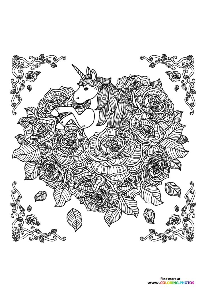 Unicorn with spiral horn and flowing mane surrounded by blooming roses and ornate floral details coloring page
