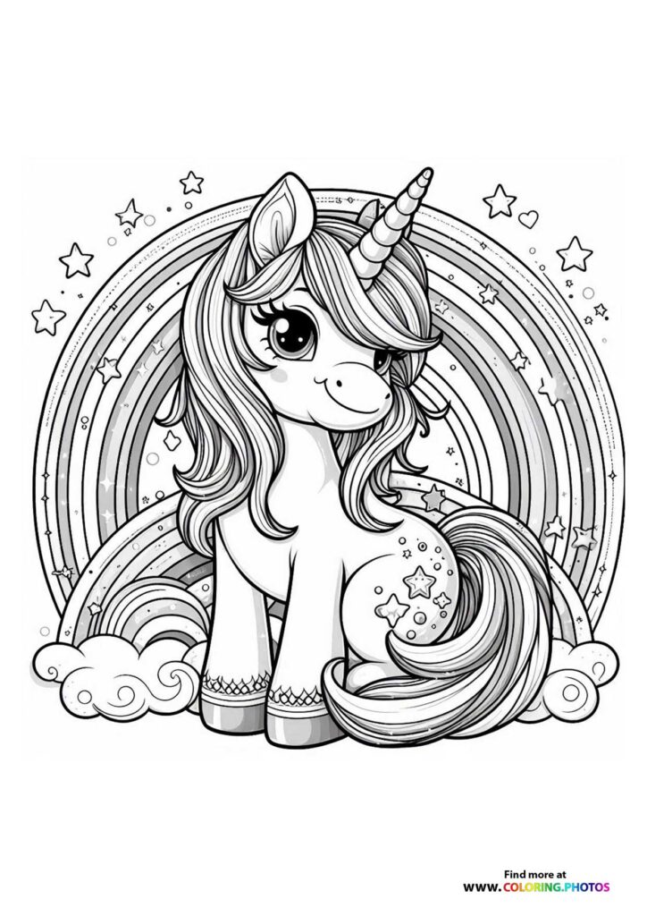 Magical unicorn with spiral horn and flowing mane standing before rainbow with stars coloring page