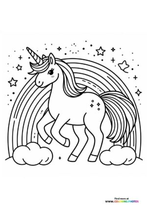 Unicorn riding in front of rainbow