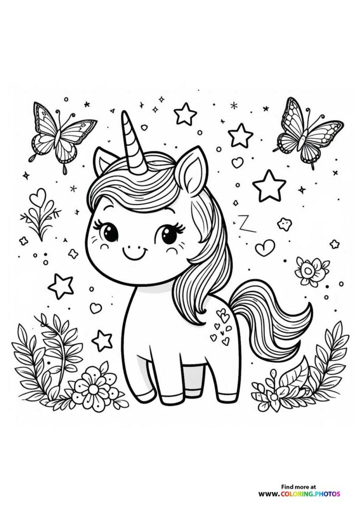 Cute unicorn with spiral horn, flowing mane and tail surrounded by butterflies, stars and flowers coloring page