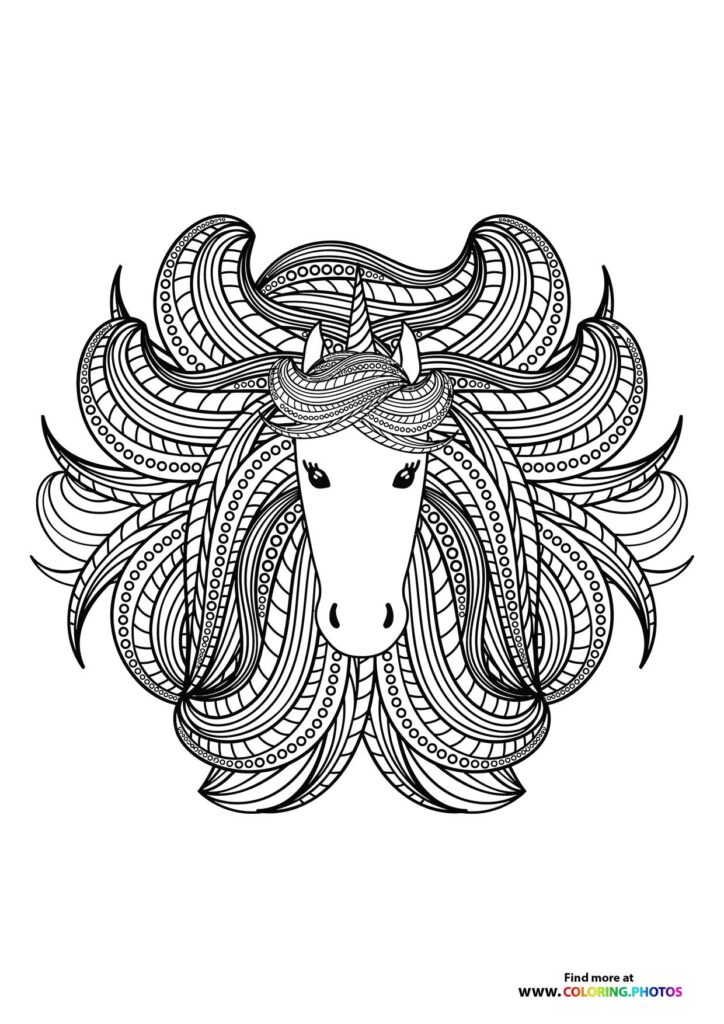 Unicorn with patterned spiral horns and ornate mane coloring page for adults