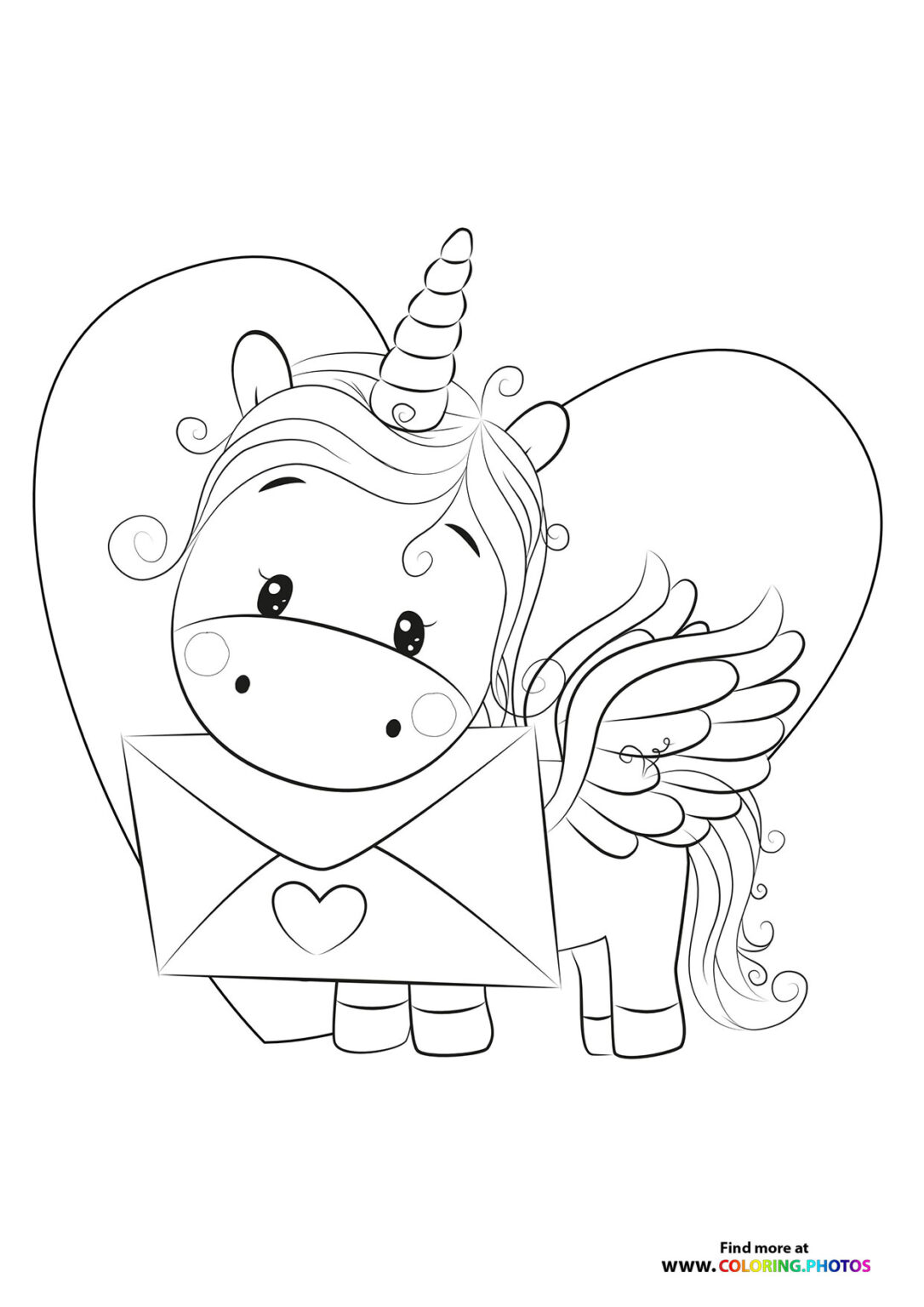 Unicorn with valentines card Coloring Pages for kids