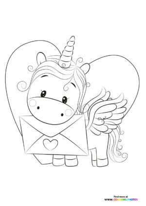 Unicorn with valentines card coloring page