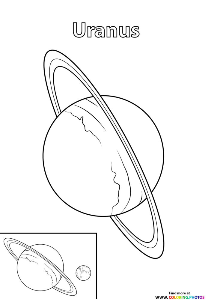 Uranus planet with rings and atmospheric bands, coloring page from solar system educational series