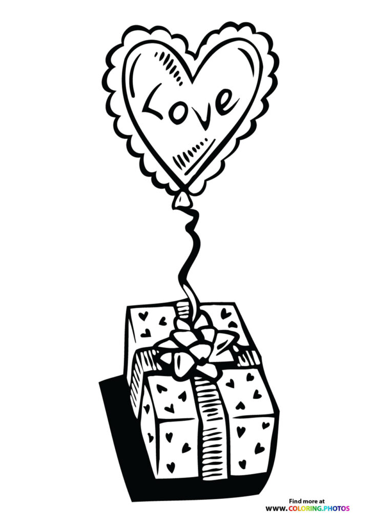 Heart-shaped love balloon floating above a gift box with heart pattern and ribbon coloring page