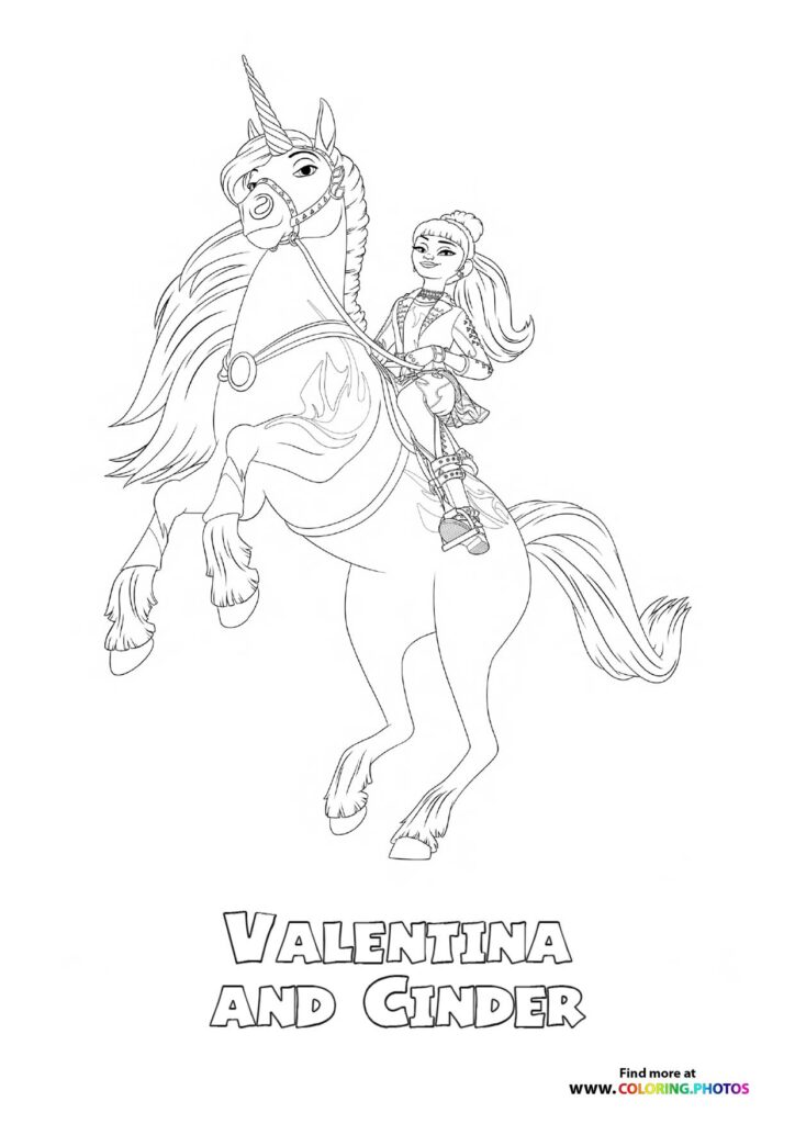 Valentina riding her unicorn Cinder, who is rearing up with flowing mane and tail, from Unicorn Academy coloring page