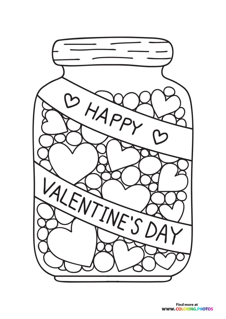 Glass jar filled with hearts and candies with 'Happy Valentine's Day' ribbon banner coloring page