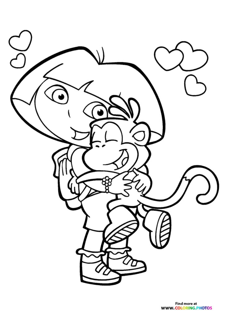 Cartoon monkey wearing a large hat and holding flowers with hearts floating around coloring page