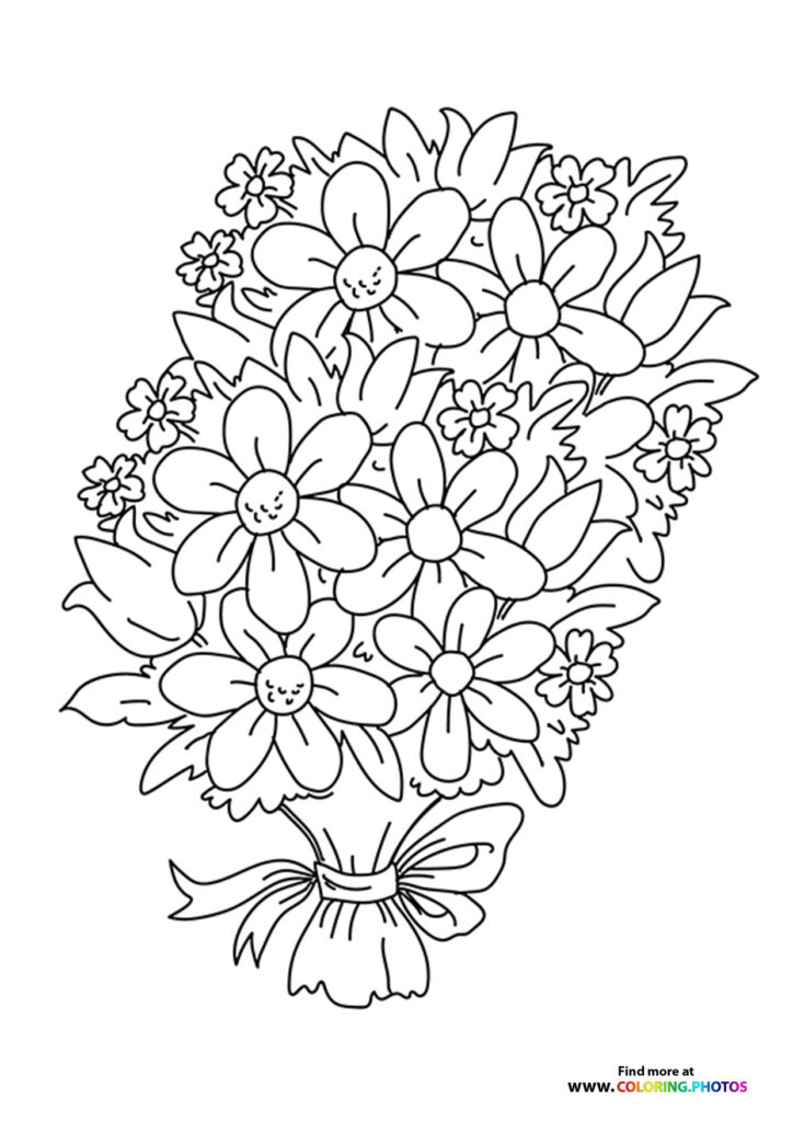 Valentine flower bouquet with daisies and ribbon bow coloring page