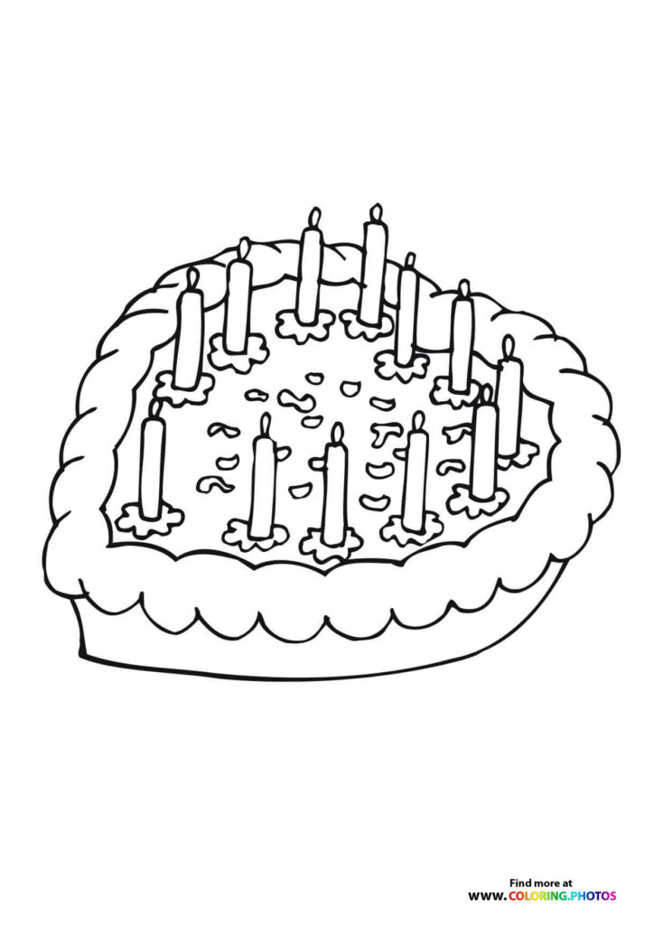 Birthday cake with multiple lit candles and rose petals coloring page
